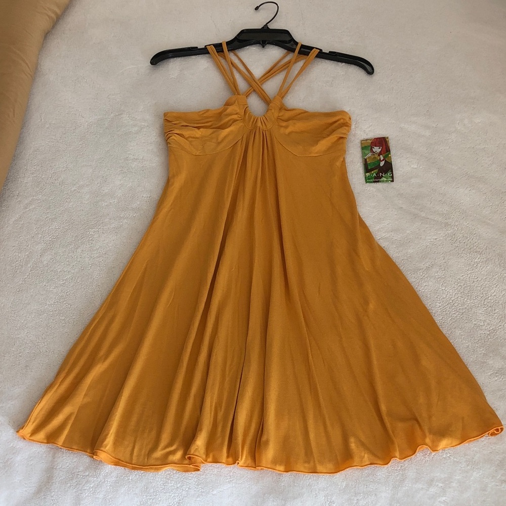FANG Mustard Yellow Strappy Rayon Spandex Jersey Knit Spring into Summer dress!